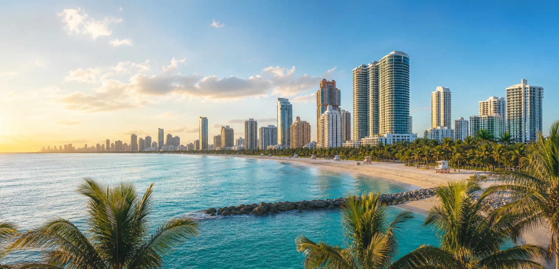 Miami coastline, ocean, skyline and palm trees