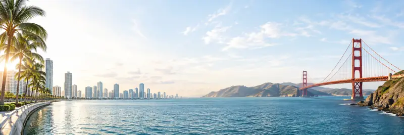 An illustrative panorama combining Florida’s palm-lined waterfront and California’s Golden Gate Bridge